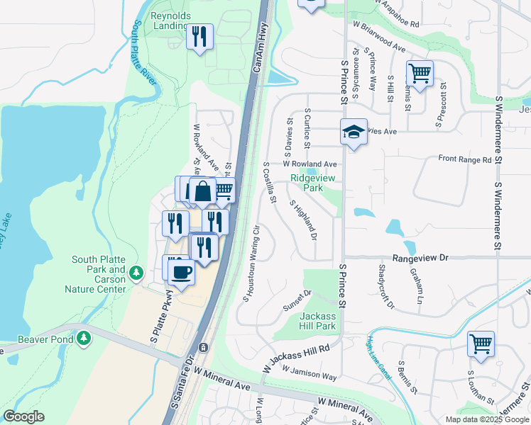 map of restaurants, bars, coffee shops, grocery stores, and more near 7233 South Costilla Street in Littleton