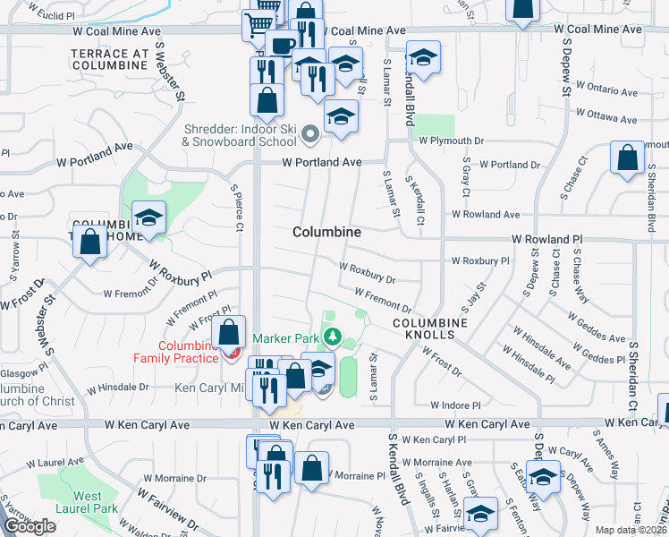 map of restaurants, bars, coffee shops, grocery stores, and more near 6528 West Roxbury Drive in Littleton