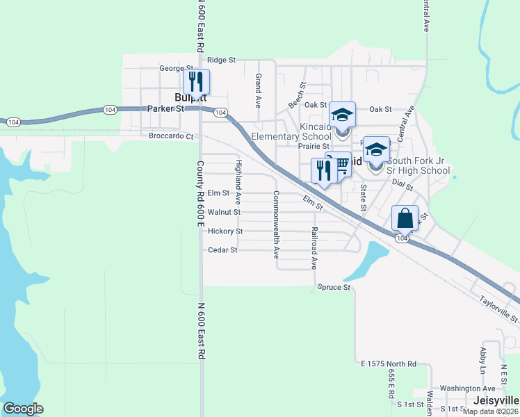 map of restaurants, bars, coffee shops, grocery stores, and more near 216 Walnut Street in Kincaid