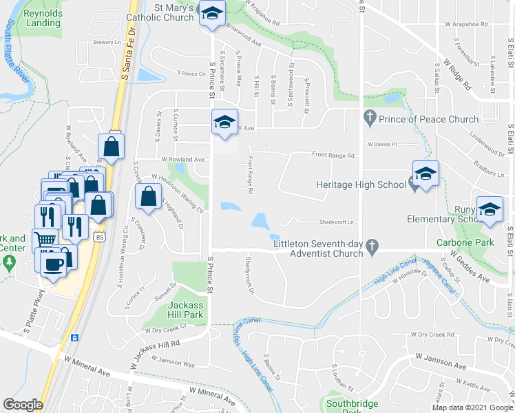 map of restaurants, bars, coffee shops, grocery stores, and more near 980 Front Range Road in Littleton