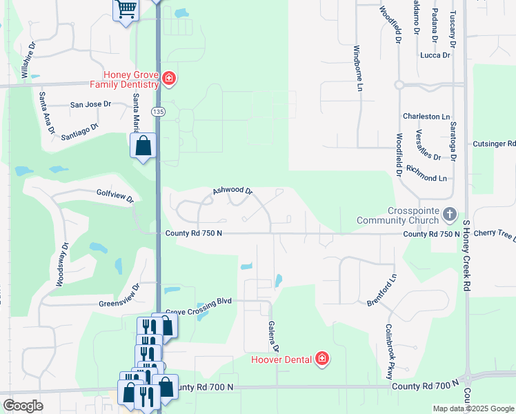 map of restaurants, bars, coffee shops, grocery stores, and more near 1588 Hazelwood Court West in Greenwood