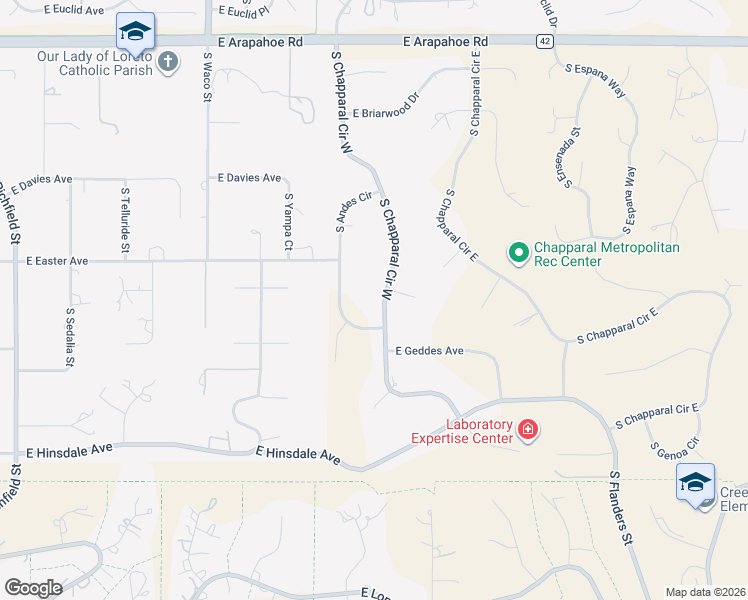 map of restaurants, bars, coffee shops, grocery stores, and more near 7169 South Chapparal Circle West in Centennial
