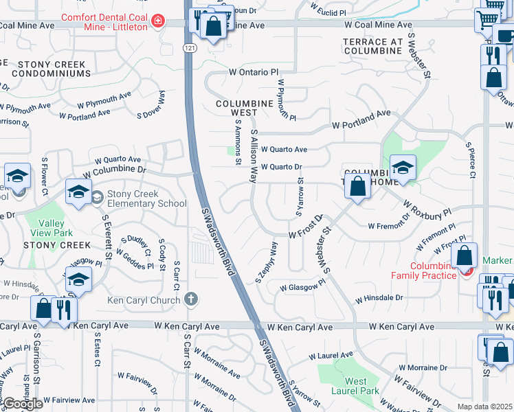 map of restaurants, bars, coffee shops, grocery stores, and more near 7242 South Allison Way in Littleton