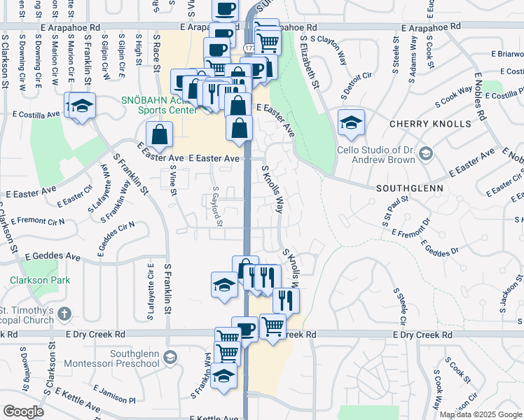 map of restaurants, bars, coffee shops, grocery stores, and more near 2474 East Fremont Court in Centennial