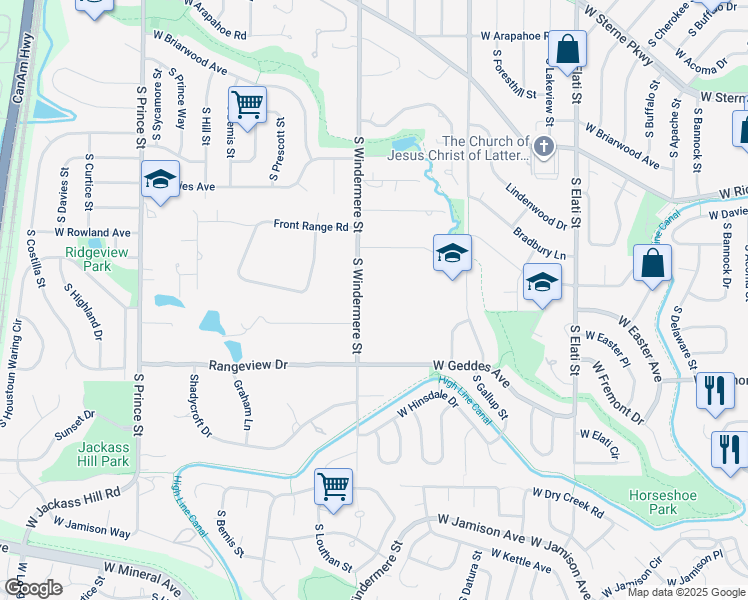 map of restaurants, bars, coffee shops, grocery stores, and more near 7128 South Windermere Street in Littleton