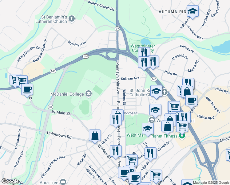 map of restaurants, bars, coffee shops, grocery stores, and more near 185 Pennsylvania Avenue in Westminster