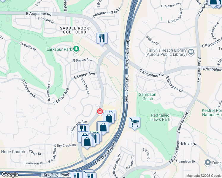 map of restaurants, bars, coffee shops, grocery stores, and more near 22920 East Roxbury Drive in Aurora