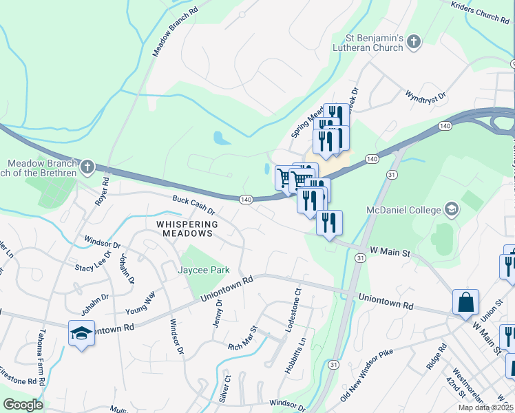 map of restaurants, bars, coffee shops, grocery stores, and more near 332 West Main Street in Westminster