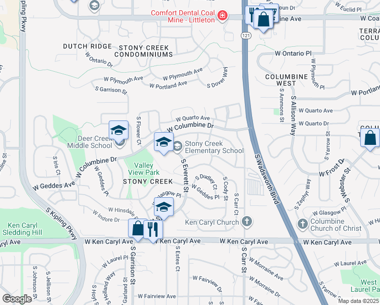 map of restaurants, bars, coffee shops, grocery stores, and more near 8829 West Fremont Avenue in Littleton