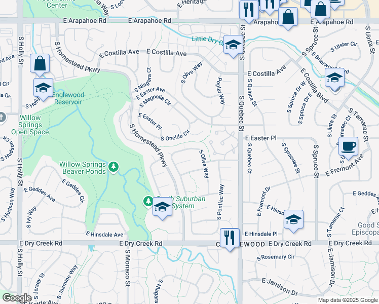 map of restaurants, bars, coffee shops, grocery stores, and more near 7121 South Olive Way in Centennial