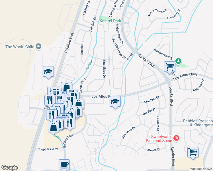 map of restaurants, bars, coffee shops, grocery stores, and more near 370 Blue Skies Drive in Sparks