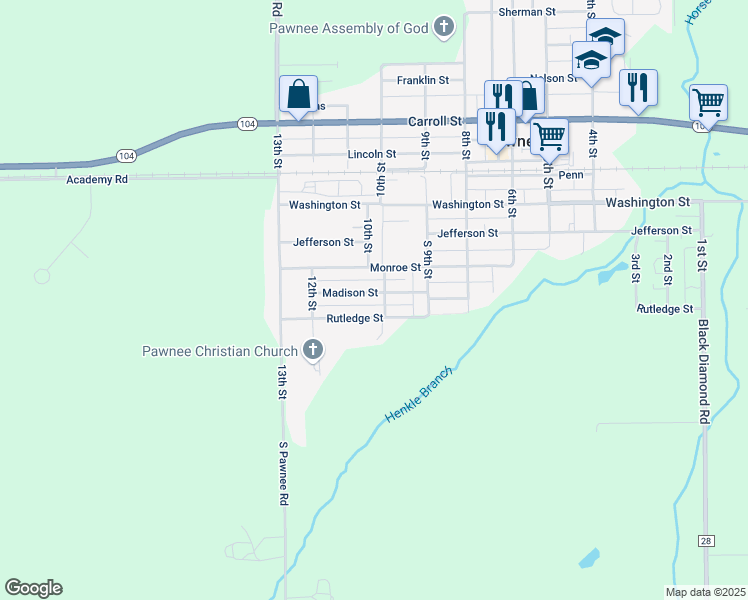 map of restaurants, bars, coffee shops, grocery stores, and more near 101-199 S 10th St in Pawnee