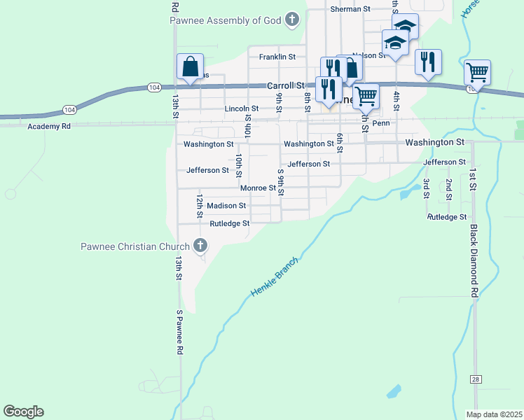 map of restaurants, bars, coffee shops, grocery stores, and more near 101-199 S 10th St in Pawnee