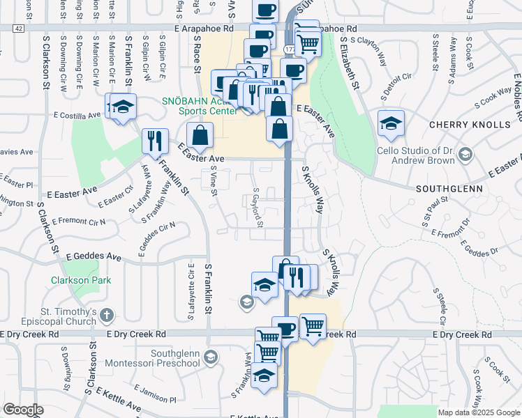 map of restaurants, bars, coffee shops, grocery stores, and more near 7275 South Gaylord Street in Centennial