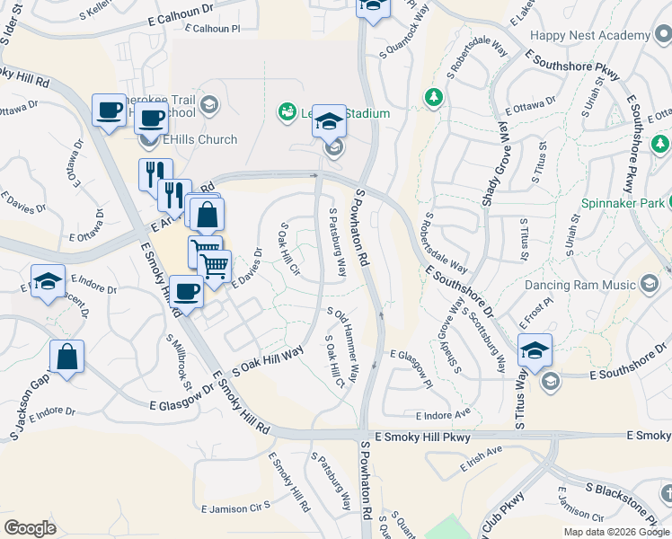 map of restaurants, bars, coffee shops, grocery stores, and more near 7166 East Davies Drive in Aurora