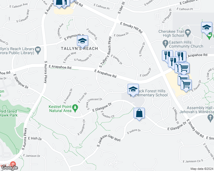map of restaurants, bars, coffee shops, grocery stores, and more near 24940 East Roxbury Place in Aurora