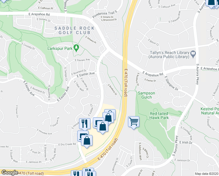 map of restaurants, bars, coffee shops, grocery stores, and more near 22920 East Roxbury Drive in Aurora