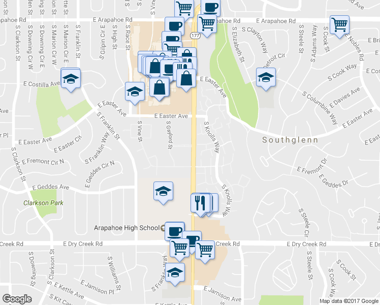 map of restaurants, bars, coffee shops, grocery stores, and more near 2390 East Fremont Avenue in Centennial