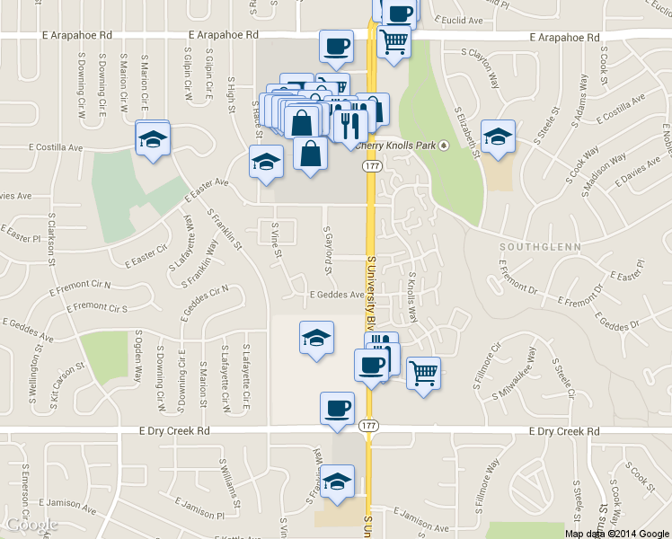 map of restaurants, bars, coffee shops, grocery stores, and more near 7275 South Gaylord Street in Centennial