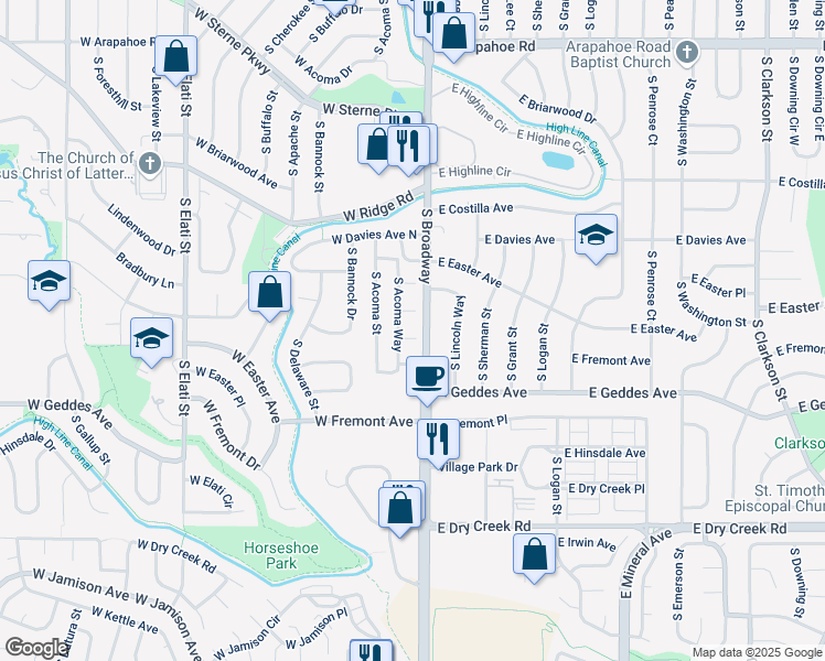 map of restaurants, bars, coffee shops, grocery stores, and more near 7225 South Acoma Way in Littleton