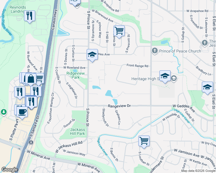 map of restaurants, bars, coffee shops, grocery stores, and more near 980 Front Range Road in Littleton
