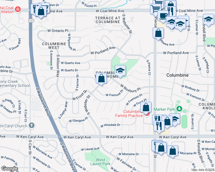 map of restaurants, bars, coffee shops, grocery stores, and more near 7419 West Fremont Avenue in Littleton