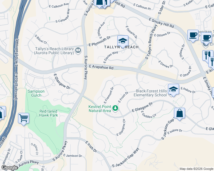 map of restaurants, bars, coffee shops, grocery stores, and more near 24358 East Roxbury Circle in Aurora