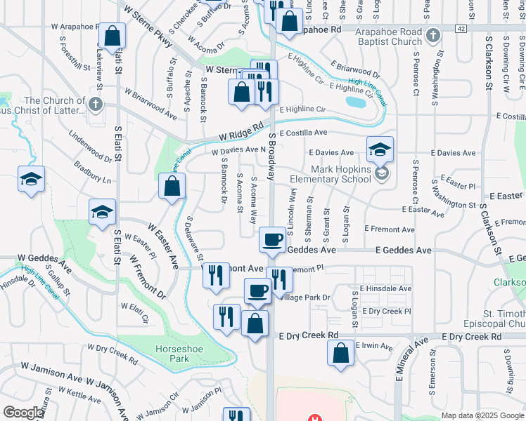 map of restaurants, bars, coffee shops, grocery stores, and more near 7225 South Acoma Way in Littleton