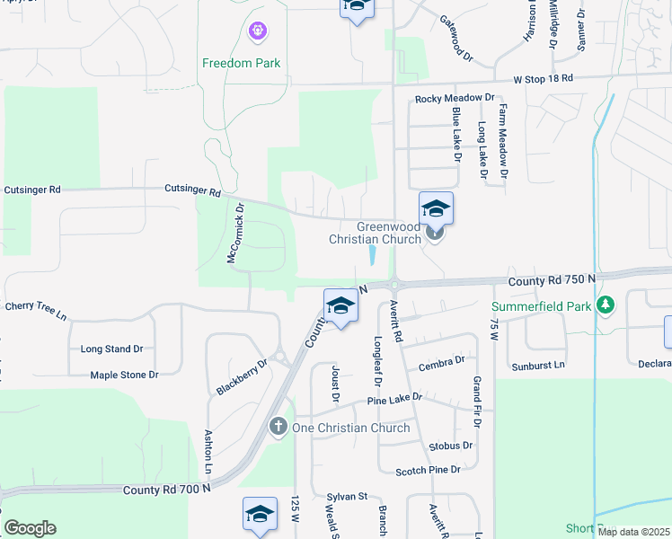 map of restaurants, bars, coffee shops, grocery stores, and more near 838 County Road 750 North in Greenwood