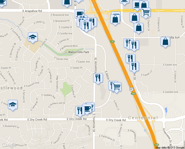 map of restaurants, bars, coffee shops, grocery stores, and more near 7144 South Xenia Circle in Centennial