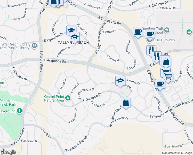 map of restaurants, bars, coffee shops, grocery stores, and more near 24940 East Roxbury Place in Aurora