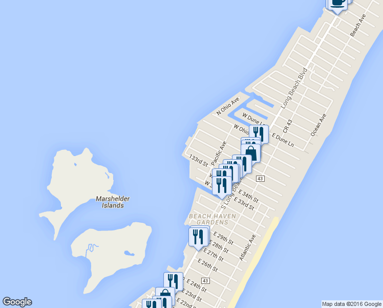 map of restaurants, bars, coffee shops, grocery stores, and more near 142 West Maryland Avenue in Long Beach Township