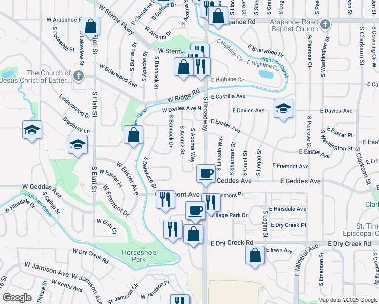 map of restaurants, bars, coffee shops, grocery stores, and more near 7225 South Acoma Way in Littleton