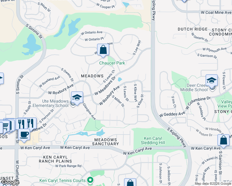 map of restaurants, bars, coffee shops, grocery stores, and more near 7171 South Lewis Way in Littleton