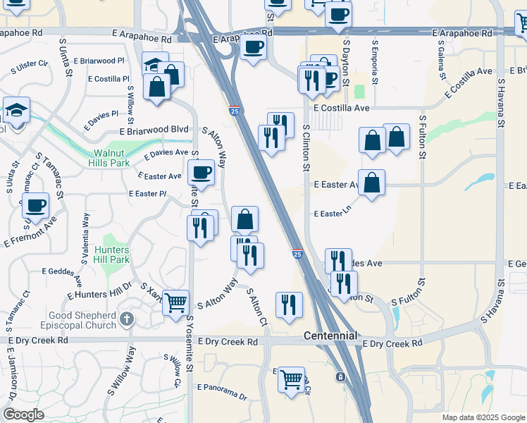 map of restaurants, bars, coffee shops, grocery stores, and more near 7200 South Alton Way in Centennial