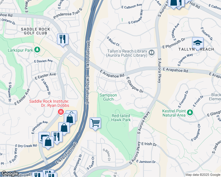 map of restaurants, bars, coffee shops, grocery stores, and more near 23565 East Roxbury Drive in Aurora