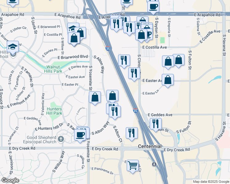 map of restaurants, bars, coffee shops, grocery stores, and more near 7200 South Alton Way in Centennial