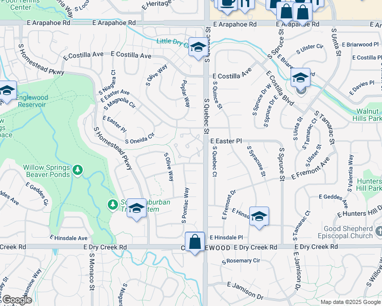 map of restaurants, bars, coffee shops, grocery stores, and more near 7197 South Poplar Lane in Centennial