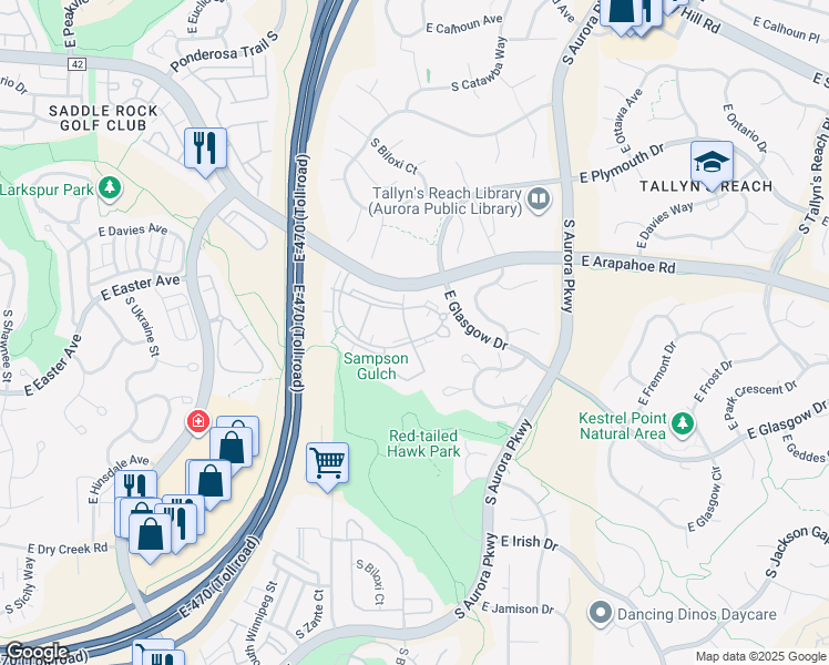 map of restaurants, bars, coffee shops, grocery stores, and more near 7216 East Roxbury Drive in Aurora