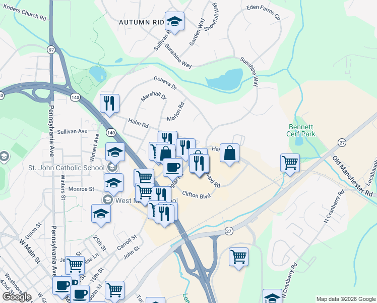 map of restaurants, bars, coffee shops, grocery stores, and more near 469 Monarch Drive in Westminster