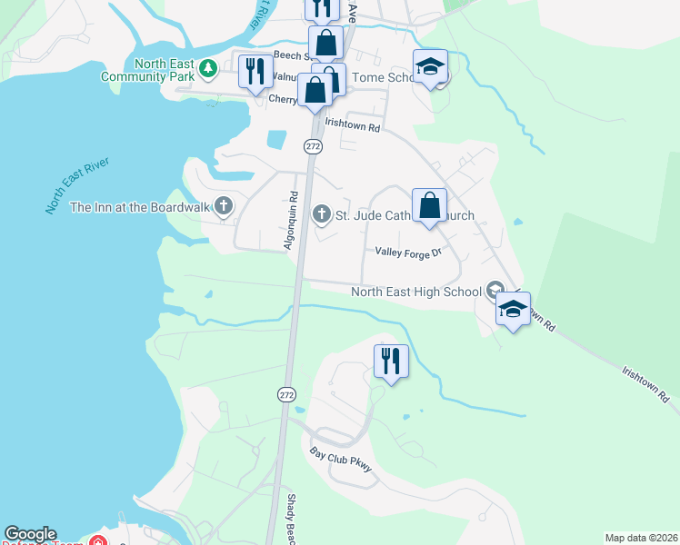 map of restaurants, bars, coffee shops, grocery stores, and more near 5 School House Lane in North East