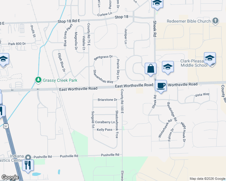 map of restaurants, bars, coffee shops, grocery stores, and more near 951 East Worthsville Road in Greenwood