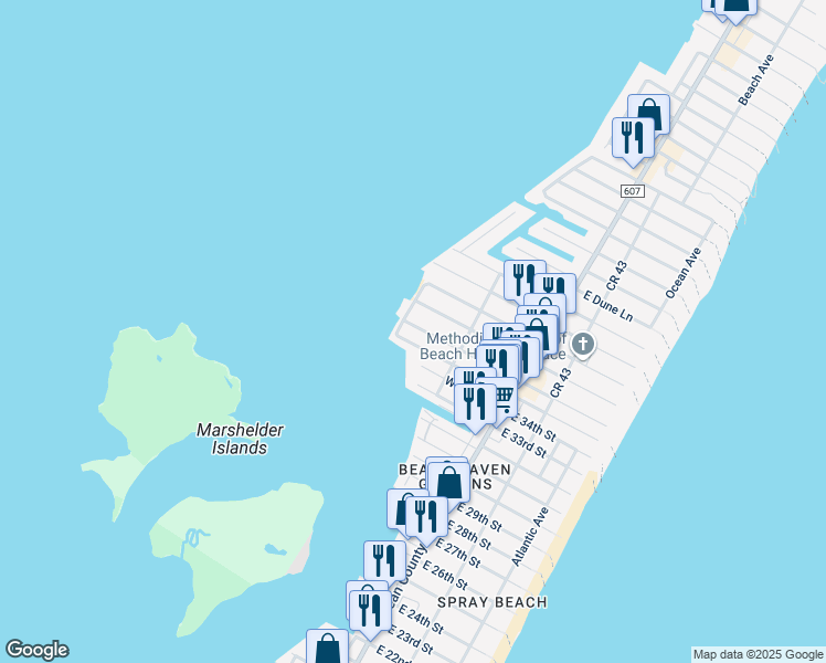 map of restaurants, bars, coffee shops, grocery stores, and more near 142 West Maryland Avenue in Long Beach Township