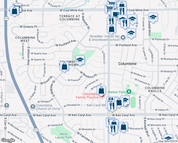 map of restaurants, bars, coffee shops, grocery stores, and more near 7109 South Reed Court in Littleton
