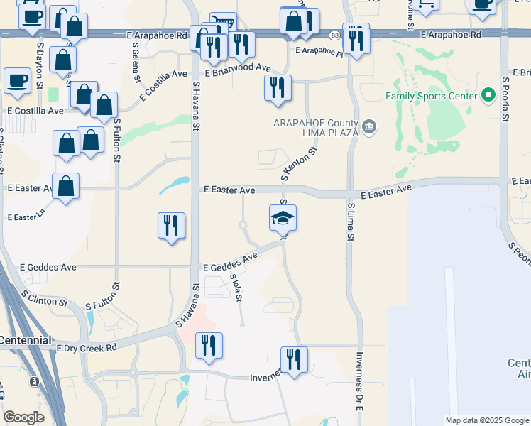 map of restaurants, bars, coffee shops, grocery stores, and more near 10825 East Geddes Avenue in Centennial