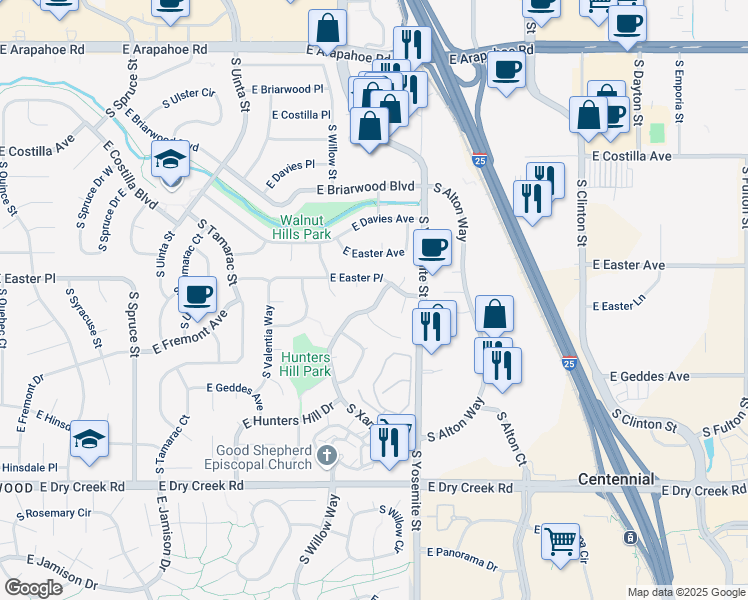 map of restaurants, bars, coffee shops, grocery stores, and more near 7163 South Xanthia Street in Centennial
