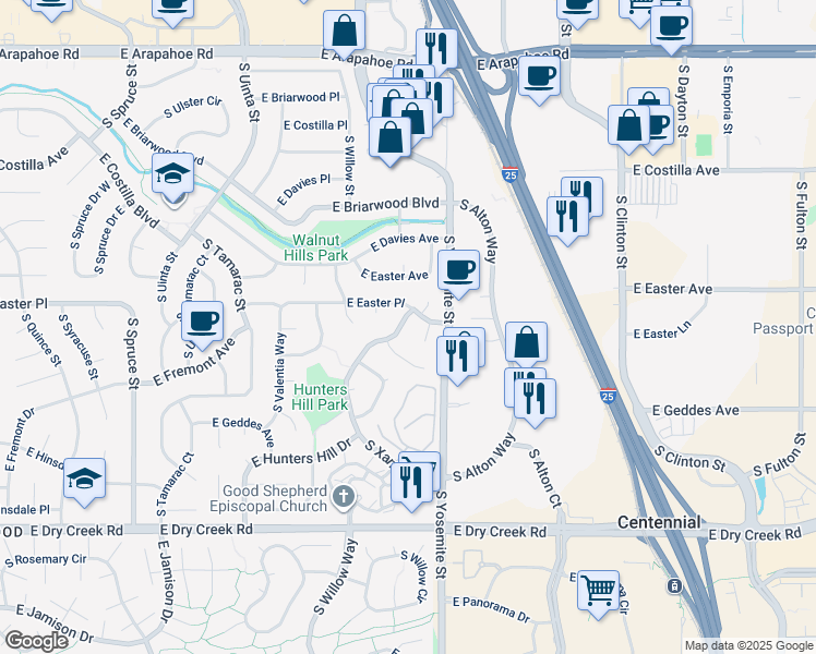 map of restaurants, bars, coffee shops, grocery stores, and more near 7142 South Xanthia Street in Centennial