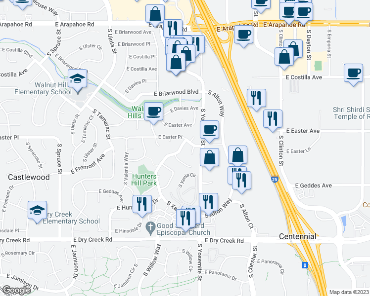 map of restaurants, bars, coffee shops, grocery stores, and more near 7163 South Xanthia Street in Centennial