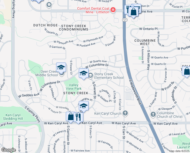 map of restaurants, bars, coffee shops, grocery stores, and more near 8829 West Fremont Avenue in Littleton