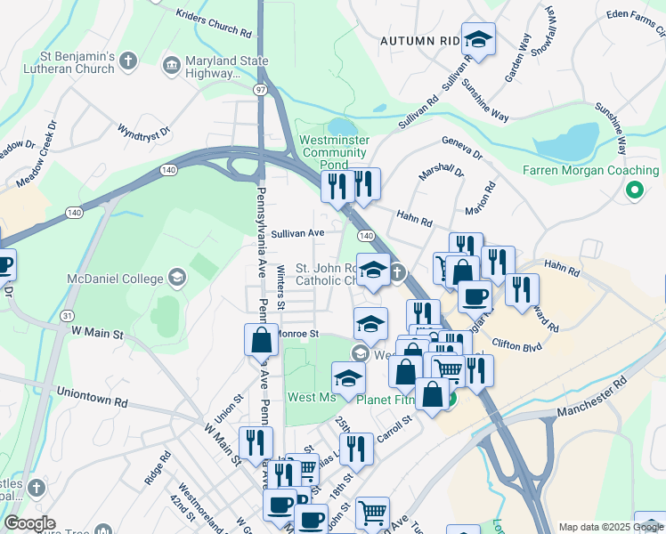 map of restaurants, bars, coffee shops, grocery stores, and more near 102 Wimert Avenue in Westminster